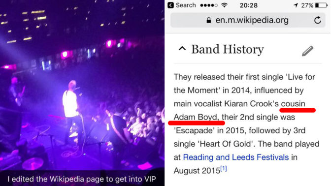 Школьник попал на концерт любимой группы, отредактировав статью в Википедии