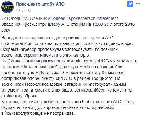 Гуцуляк: За сутки боевики выпустили по украинским позициям не менее 280 минометных снарядов