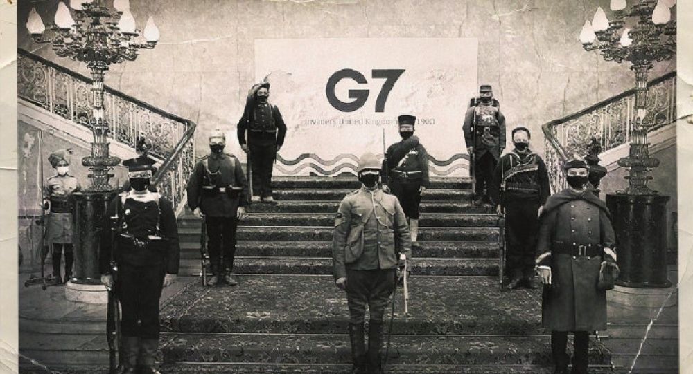 На фото: китайский сатирик издевается над изображением G7 в сравнении с вторжением против боксеров 1900 года