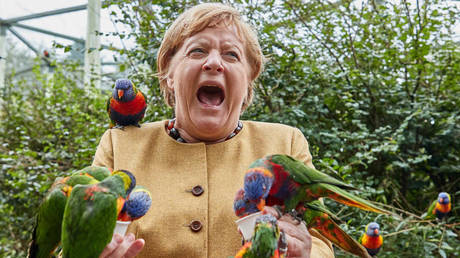 Уходящий канцлер Германии Ангела Меркель выглядит очень взволнованной на вирусном фото из парка экзотических птиц