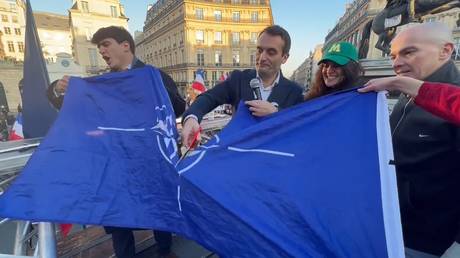 Флаг НАТО испорчен во время «тысячного» митинга в Париже